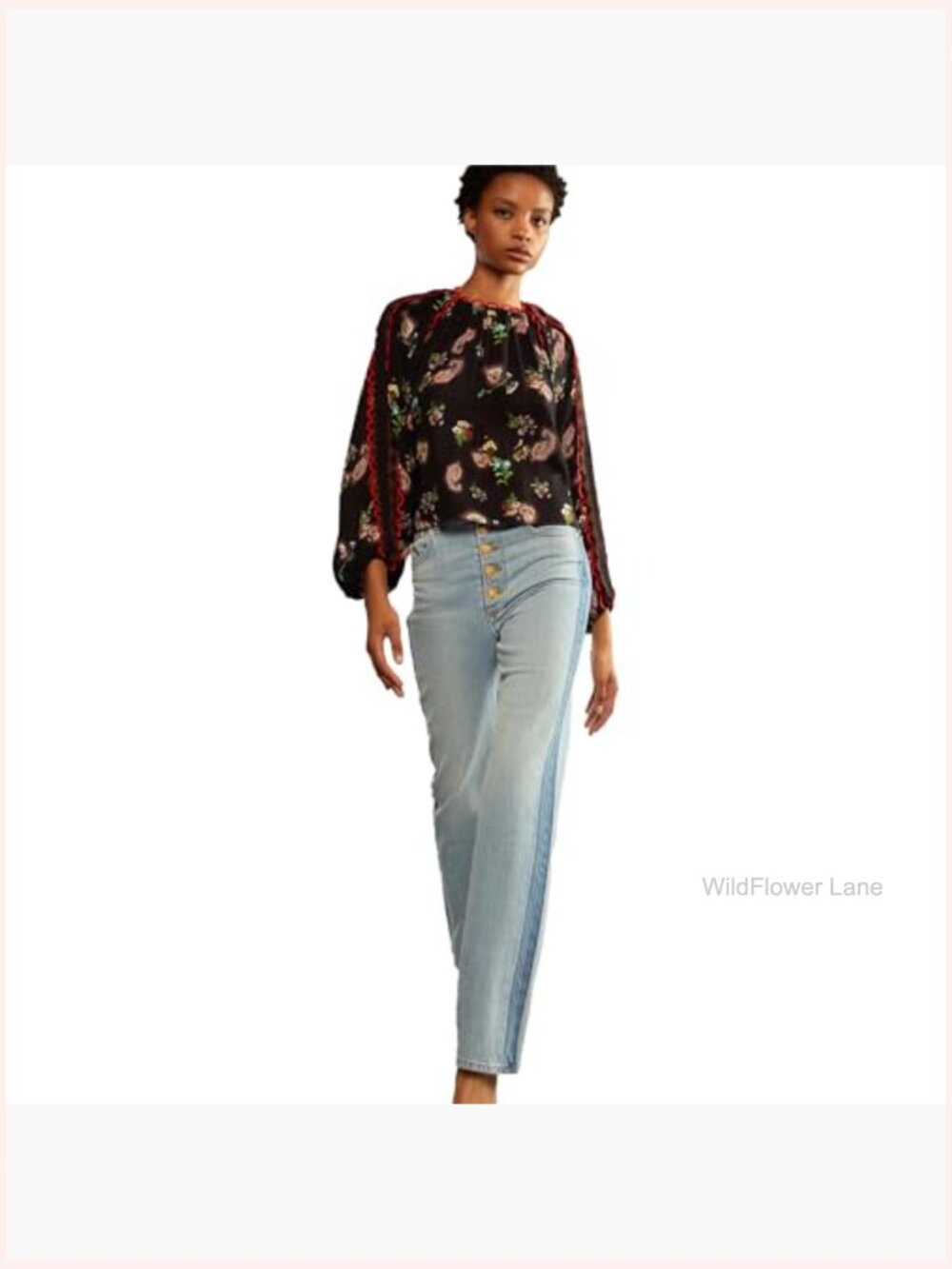 Mock Neck Paisley Print Silk Blouse with Puff Sleeves - Picture 5 of 7